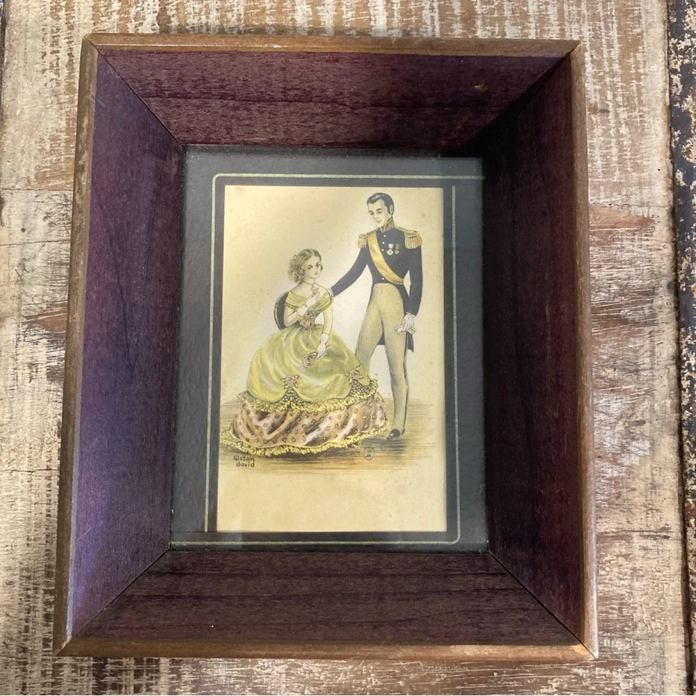 Pair Vintage Stan David 1970s Art Prints Featuring Victorian Couple Wood Frames